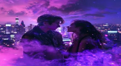 星空传媒都市情感剧《爱在深秋》剧照，男女主角在城市夜景中对视，粉紫霓虹灯光氛围感强烈